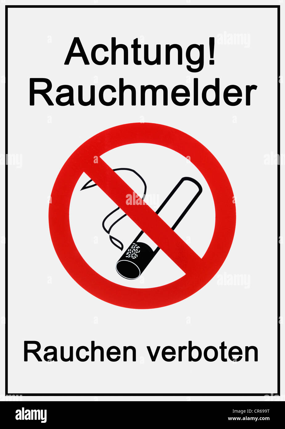 Segno, 'Achtung, Rauchmelder, Rauchen verboten', tedesco per "Attenzione, rilevatore di fumo, Vietato fumare", il pittogramma Foto Stock