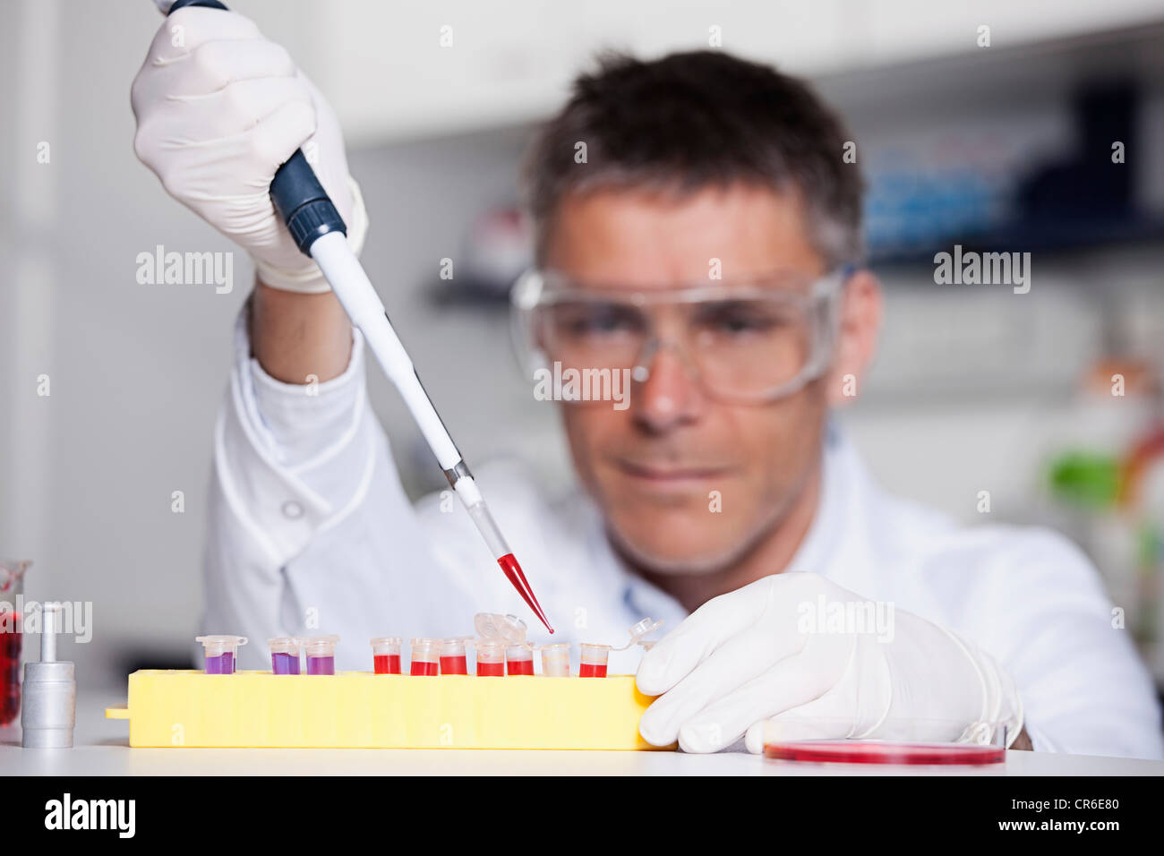 In Germania, in Baviera, Monaco di Baviera, scienziato versando il liquido rosso con pipetta in provetta per la ricerca medica in laboratorio Foto Stock