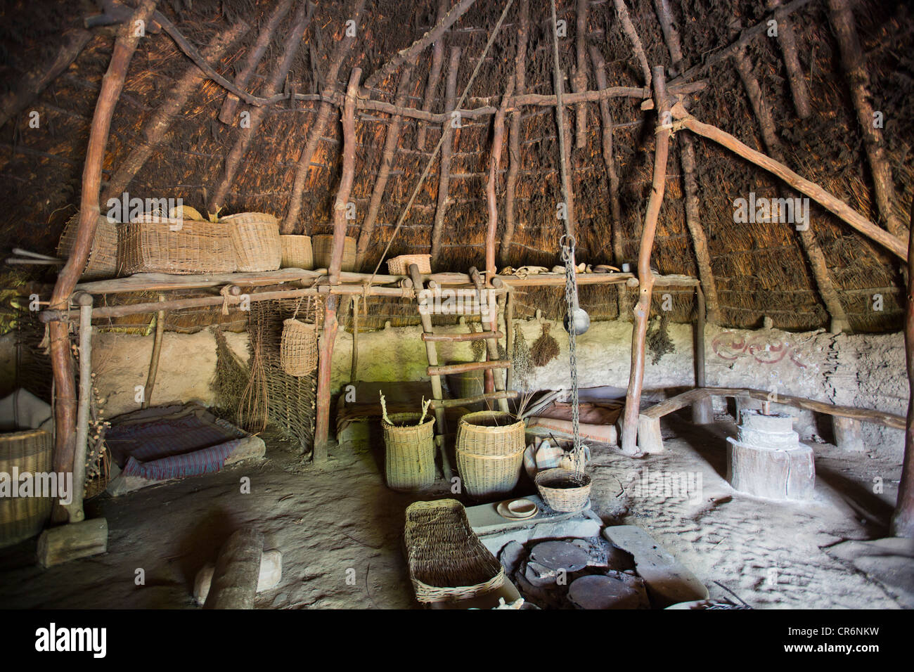 Interno del roundhouse a Castell Henllys Iron Age hillfort , Pembrokeshire Wales UK 120099 Castell Henlys Foto Stock