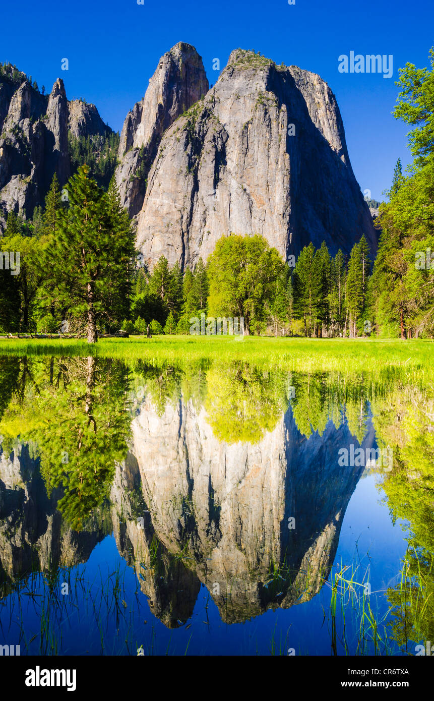 Cathedral Rocks riflesso in uno stagno, del Parco Nazionale Yosemite, California USA Foto Stock