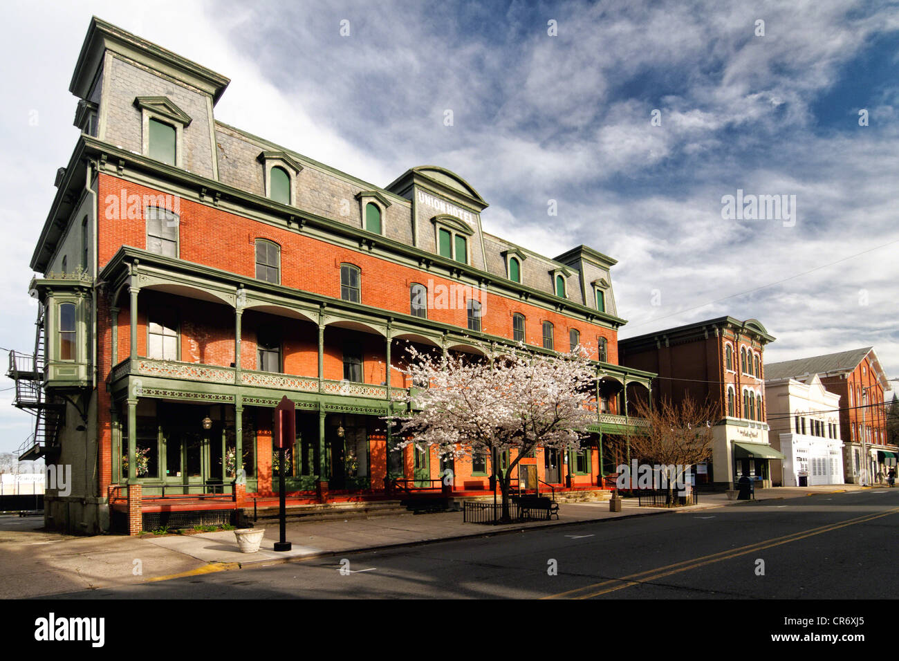 Vista sulla storica Union Hotel in Flemington, Hunterdon County, New Jersey Foto Stock