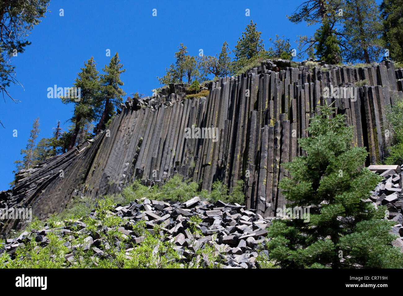 Devils Postpile National Monument, nei pressi di Mammoth Mountain, CALIFORNIA, STATI UNITI D'AMERICA, in luglio - scogliere di basalto colonnare colonne. Foto Stock