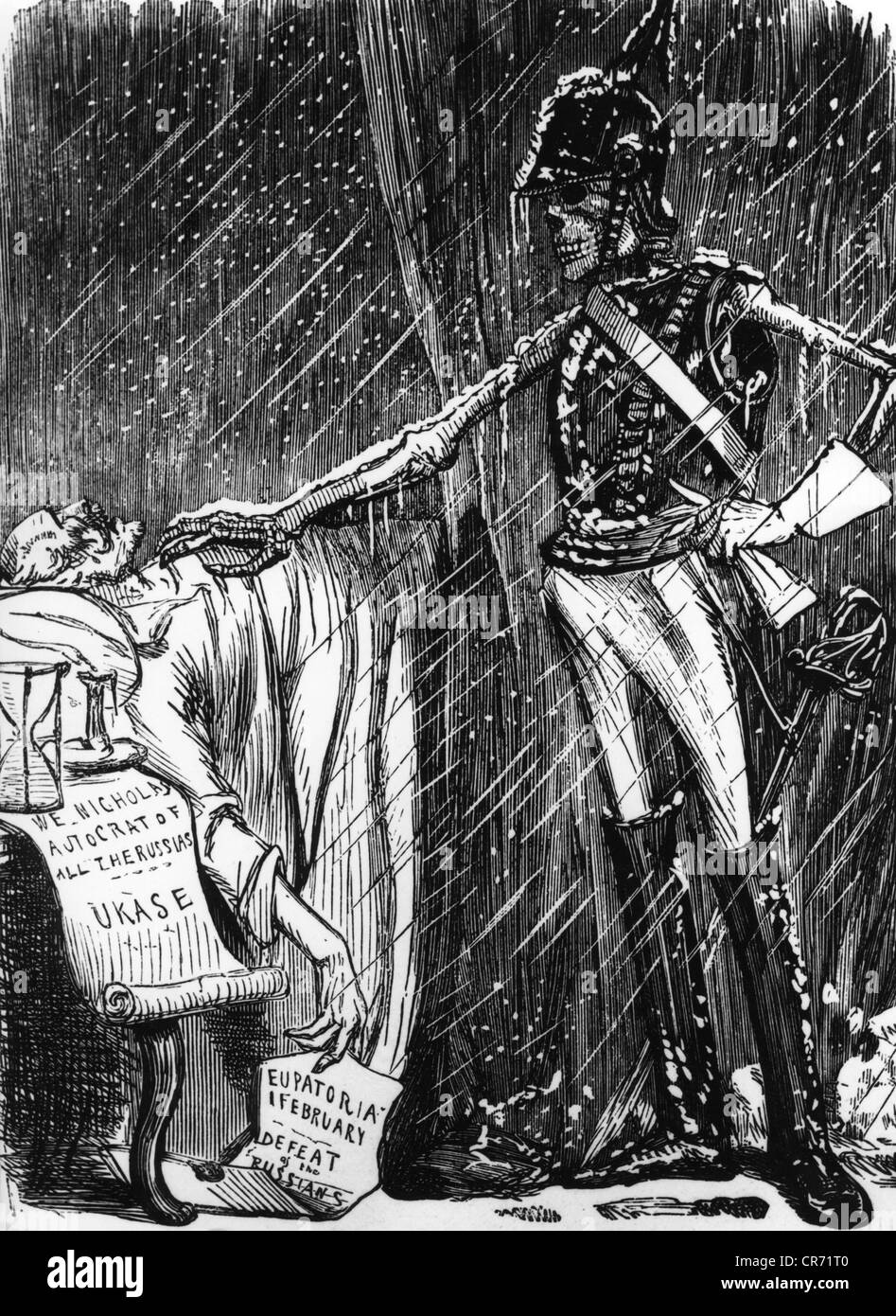 Nicholas i Pavlovich, 6.7.1796 - 2.3.1855, imperatore di Russia 19.11.1825 - 2.3.1855, caricatura, morte, 'il generale febbraio è diventato un traditore', disegno da John Leech, 'Punch', febbraio 1855, , Foto Stock
