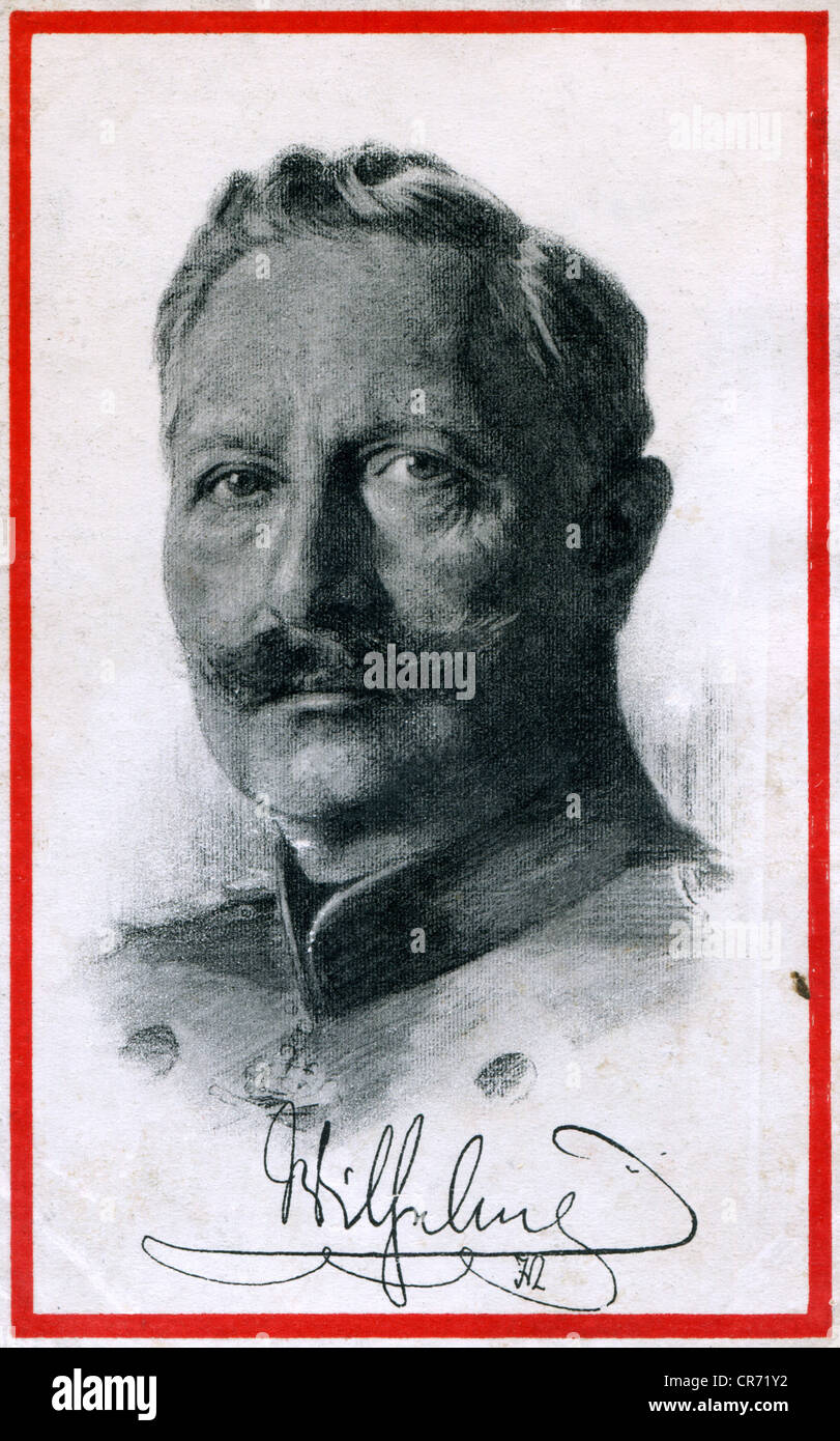 Guglielmo II, 27.1.1859 - 4.6.1941, imperatore tedesco 15.6.1888 - 9.11.1918, ritratto, disegno, cartolina, 1915, , Foto Stock