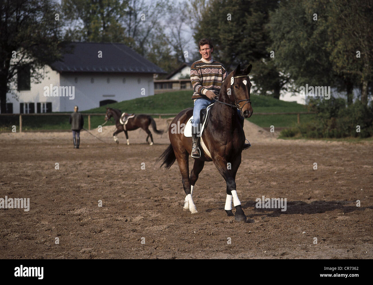 Beerbaum, Ludger, * 26.8.1963, pilota tedesco di salto, a tutta lunghezza, con cavallo Rauex Royal, ottobre 1991, Foto Stock