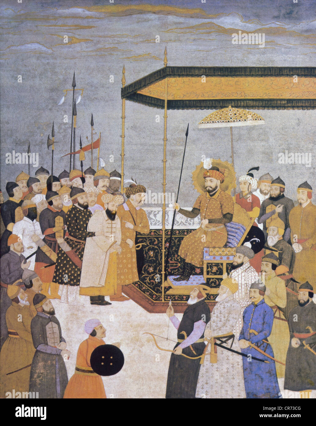 Bayezid i Yildirim, 1360 - 8.3.1403, Sultano dell'Impero Ottomano, scena, come prigioniero di 'Timur il Lame' (Tamerlane), 20.7.1402, pittura in miniatura, India, 16th secolo, Galleria d'arte, Rawalpindi, Pakistan, Foto Stock