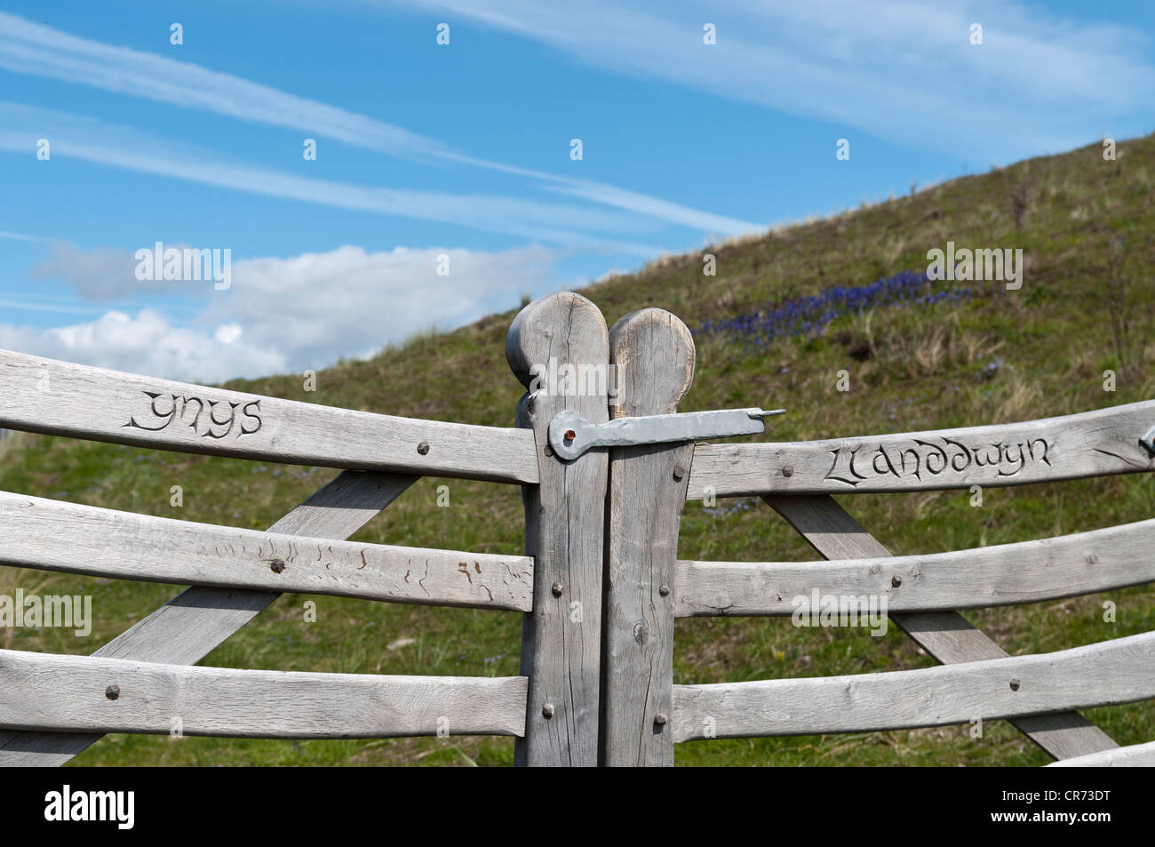 In legno Porte scolpite sulla isola di Llanddwyn Anglesey North Wales Foto Stock