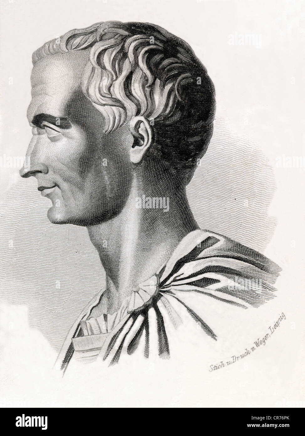 Caio Giulio Cesare, nato 13. 07. 100 BC, assassinato il 15. 03. 44 pre-Cristiano in Roma, ROMANA statista, stratega e autore, acciaio incisione da 'Romana heros in tempi di guerra e di tempi di pace", 1866, l'artista del diritto d'autore non deve essere cancellata Foto Stock