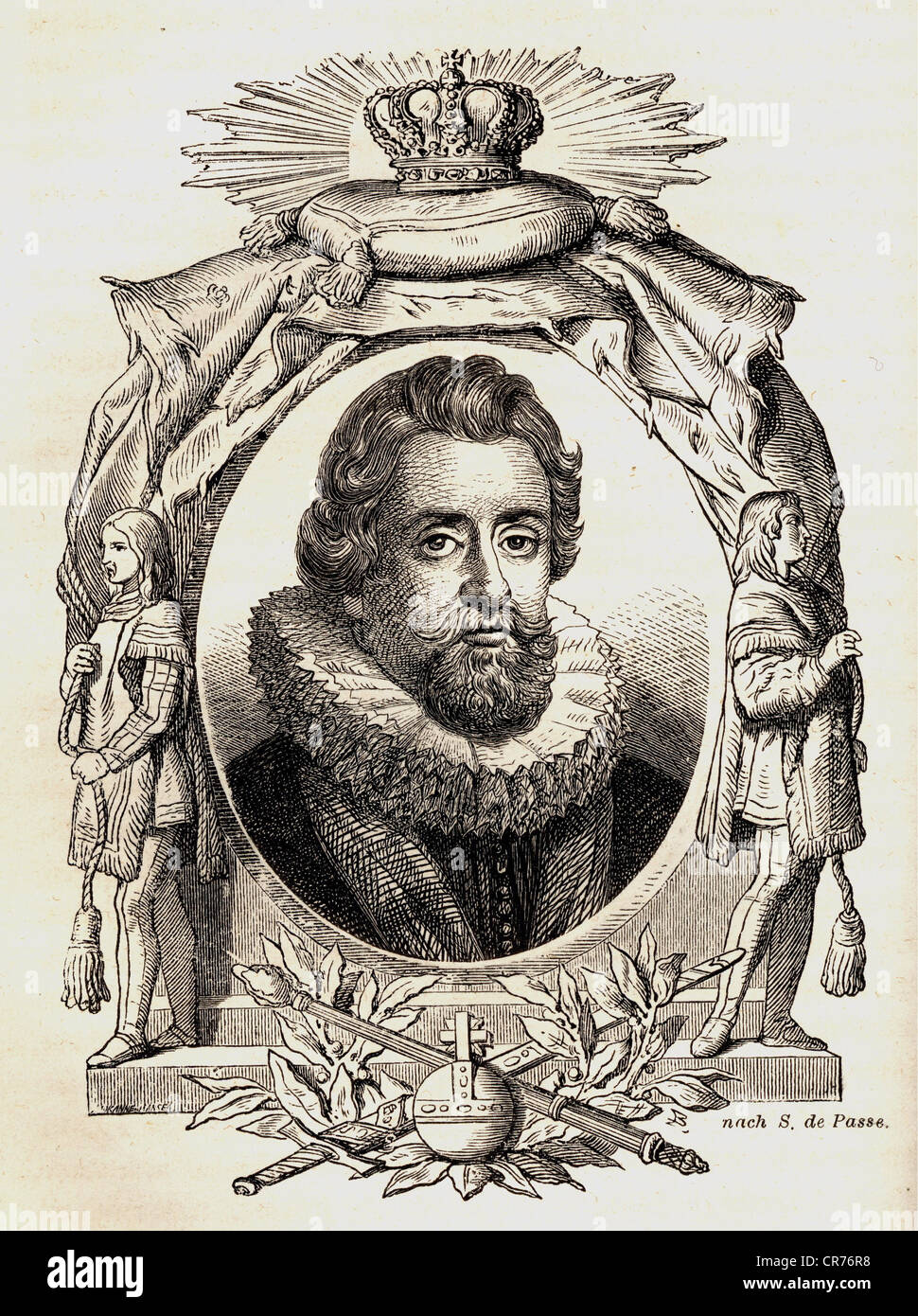 James I., re d'Inghilterra 1603 - 1625, nato 1566, morì 1625, ritratto, acciaio incisione dall'La storia dell'Inghilterra da Thomas Babington Macaulay, traduzione in tedesco di Wilhelm Beseler, 1863, artista del diritto d'autore non deve essere cancellata Foto Stock