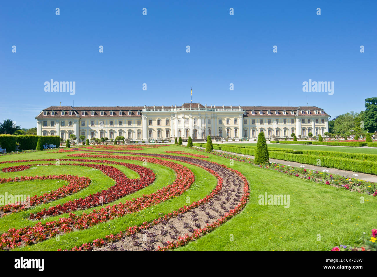 Schloss Ludwigsburg Palace, fioritura giardini barocchi, Neckar, Baden-Wuerttemberg, Germania, Europa Foto Stock