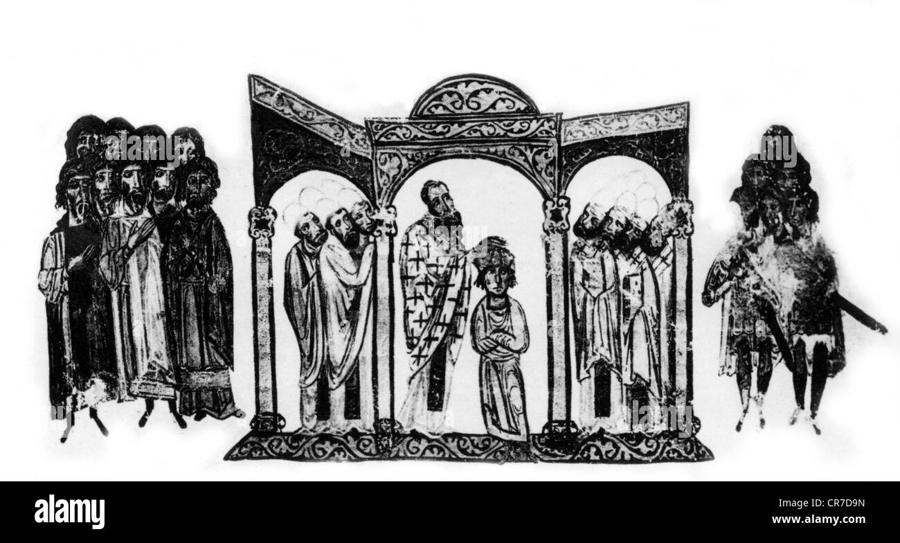 Costantino VII, Porphyrogennetos, 2.9.905 - 9.11.959, imperatore romano d'Oriente 6.6.913 - 9.11.959, incoronazione del patriarca Nicholas i Mysticus, in miniatura, 'ynopsis Historion' di John Skylitzes, fine del 11th secolo, Foto Stock