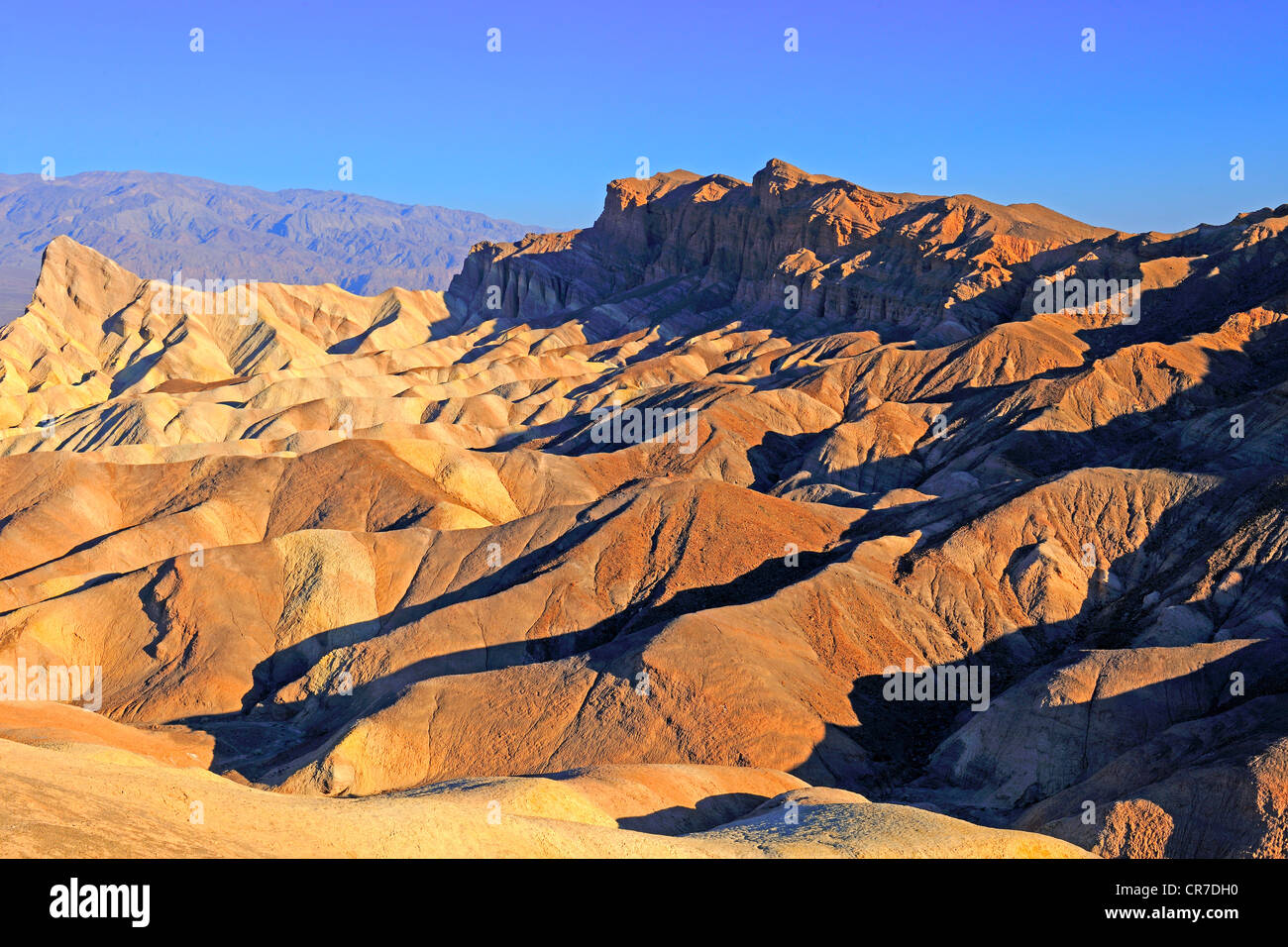 Colorate formazioni di roccia nella luce del mattino, Zabriske Point, Parco Nazionale della Valle della Morte, CALIFORNIA, STATI UNITI D'AMERICA Foto Stock