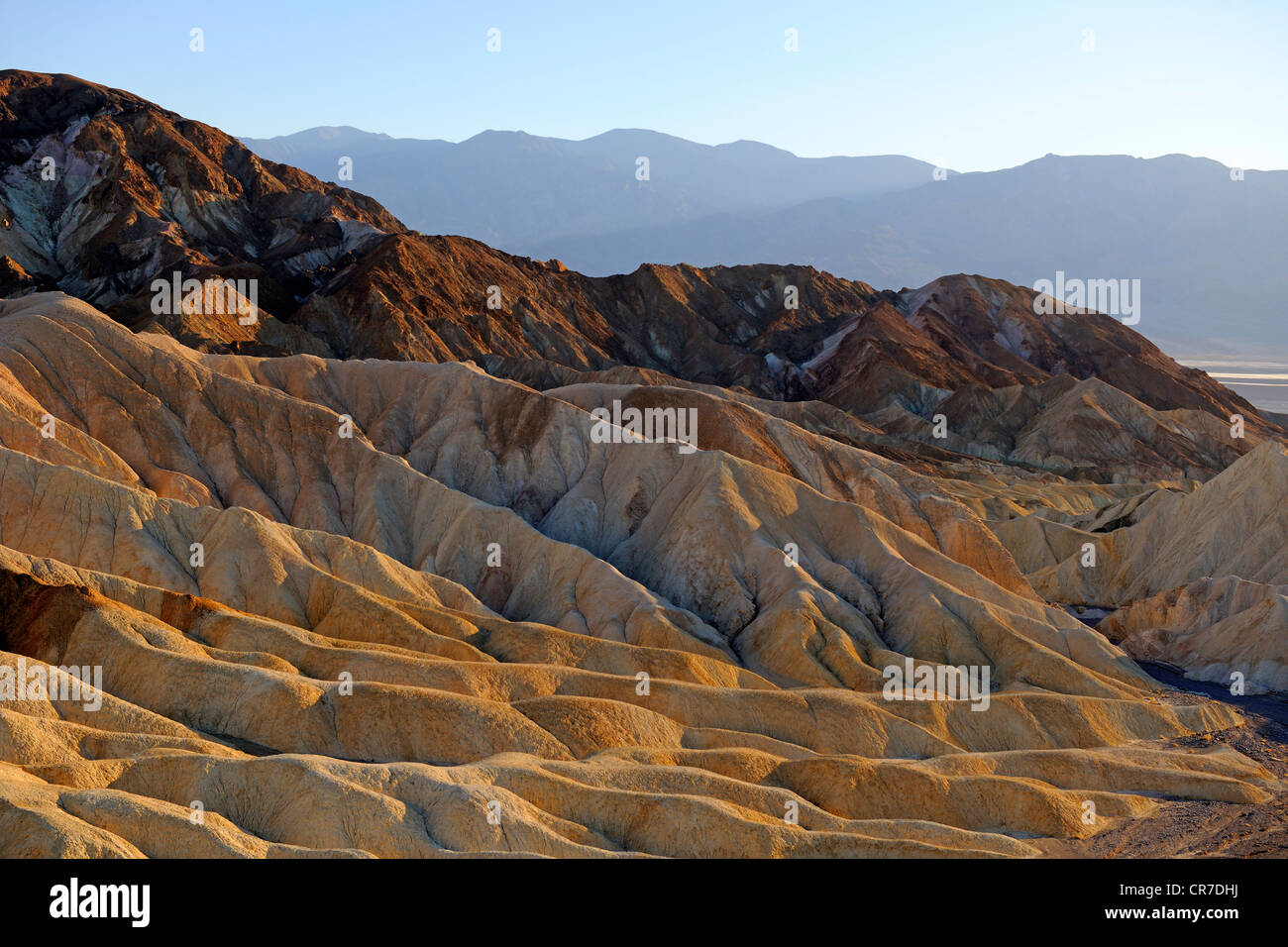 Colorate formazioni di roccia nella luce della sera, Zabriske Point, Parco Nazionale della Valle della Morte, CALIFORNIA, STATI UNITI D'AMERICA Foto Stock