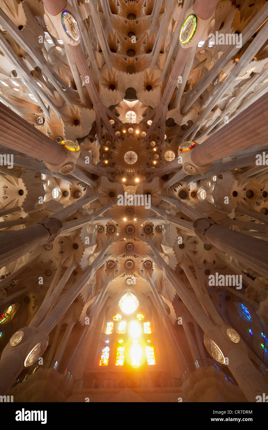 Sun-allagata finestre di vetro, interno della Sagrada Familia, alla Basílica i Temple Expiatori de la Sagrada Família, Basilica e Foto Stock