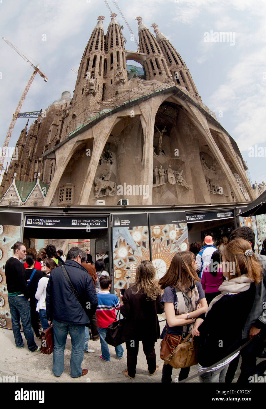 Ingresso, box office, cancello di sicurezza, facciata della Passione, Sagrada Familia Basílica i Temple Expiatori de la Sagrada Família, Foto Stock