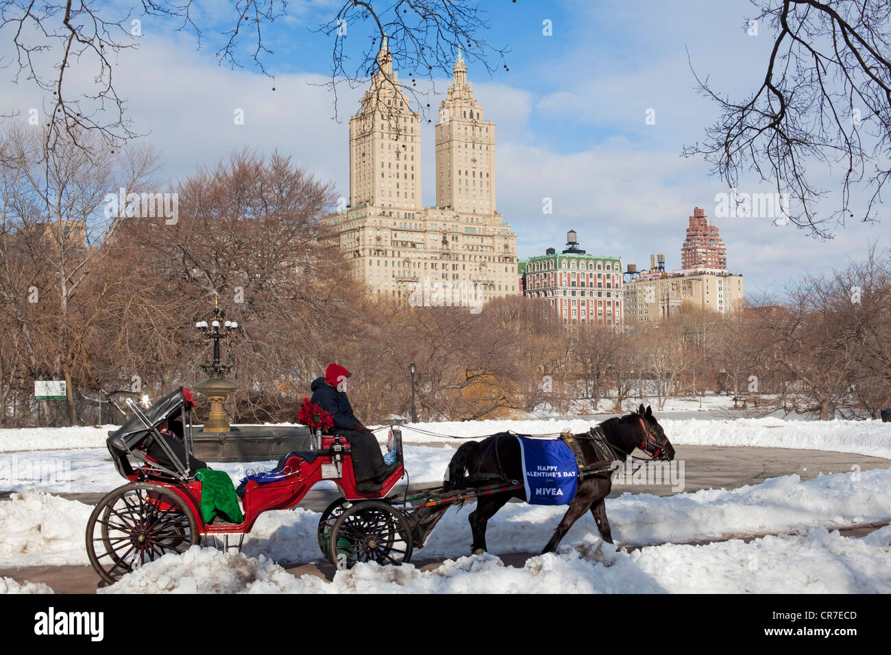 Stati Uniti, New York City, Manhattan Central Park in inverno sotto la neve, barouche e turisti in background il Foto Stock