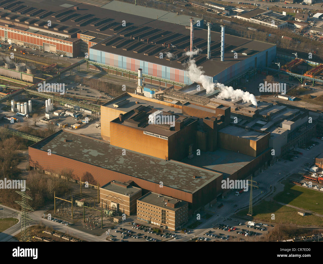Vista aerea, ThyssenKrupp Nirosta acciaio opere di produzione, Nirosta impianto, Bochum, la zona della Ruhr, Renania settentrionale-Vestfalia Foto Stock