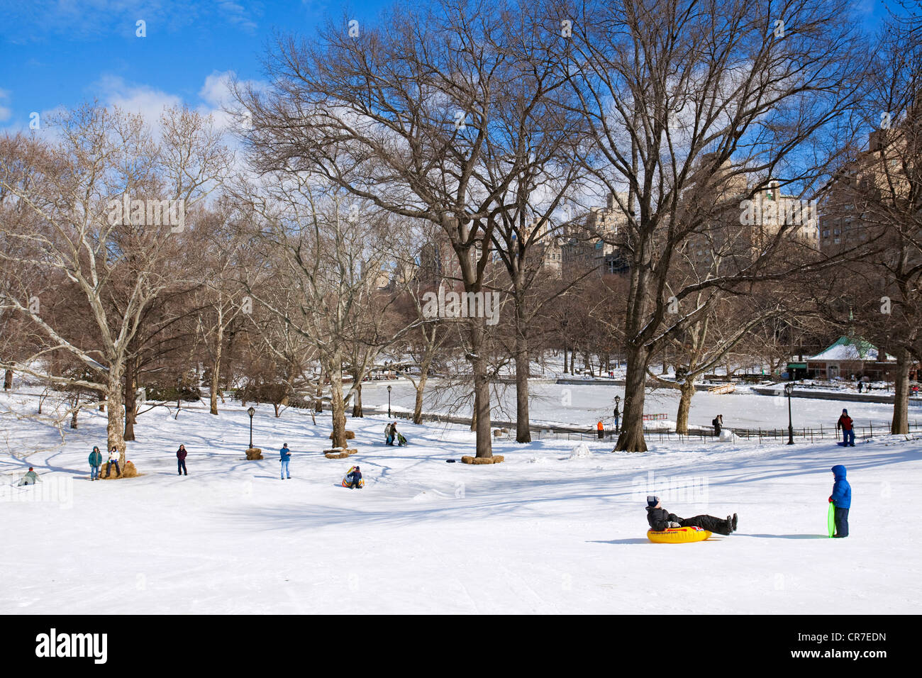 Stati Uniti, New York City, Manhattan Central Park in inverno sotto la neve, famiglie giocando nel ghiaccio Foto Stock