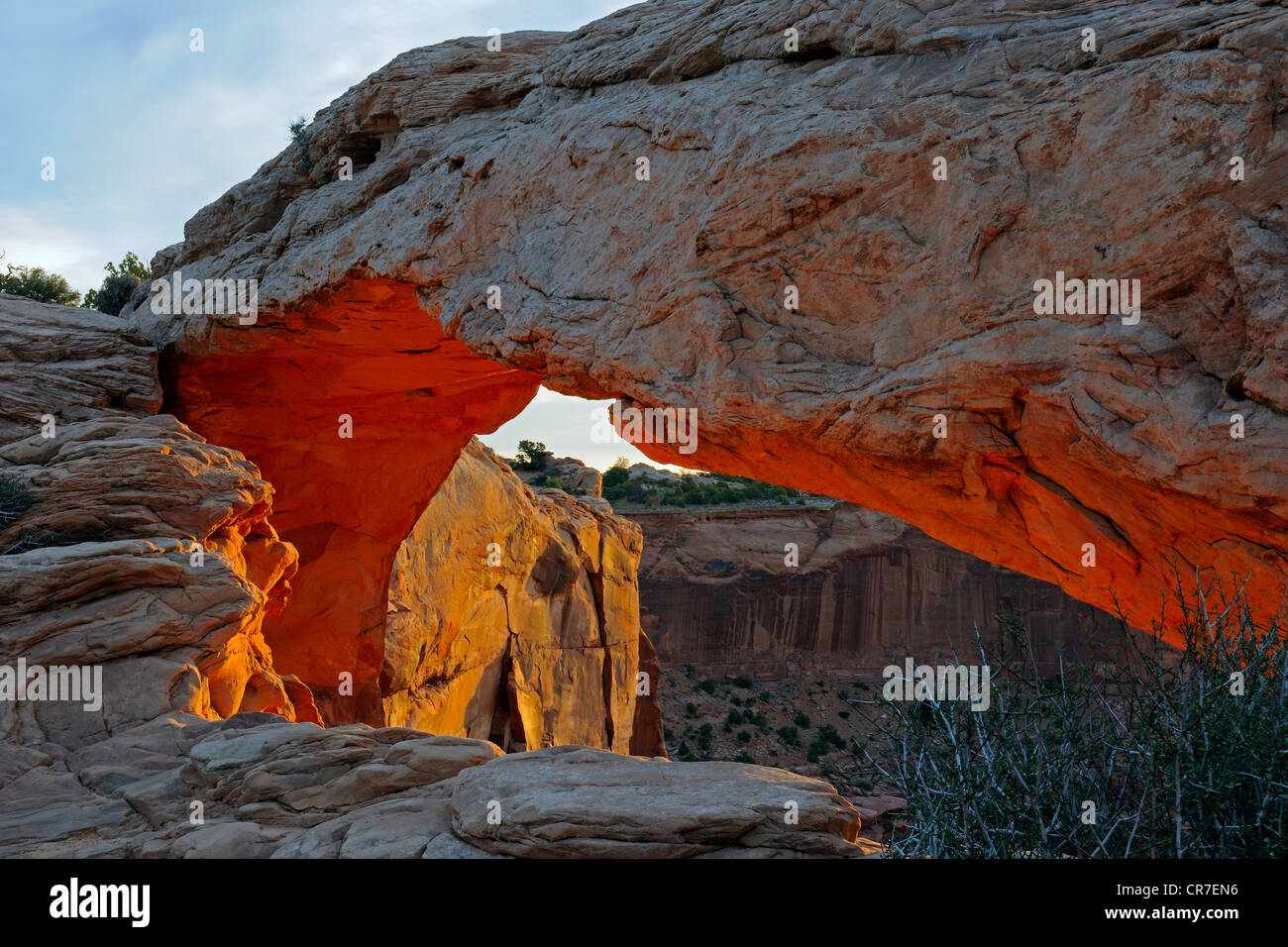 Mesa Arch rock formazione nella luce del mattino, il Parco Nazionale di Canyonlands, Utah, Stati Uniti d'America Foto Stock