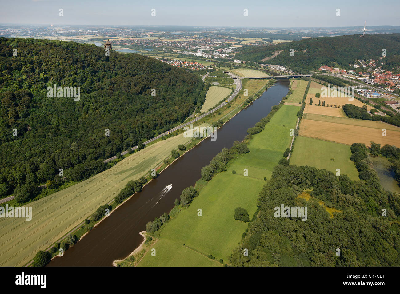 Vista aerea, fiume Weser, Weser Uplands, Porta Westfalica, Ostwestfalen-Lippe, Westfalia est, Renania settentrionale-Vestfalia Foto Stock