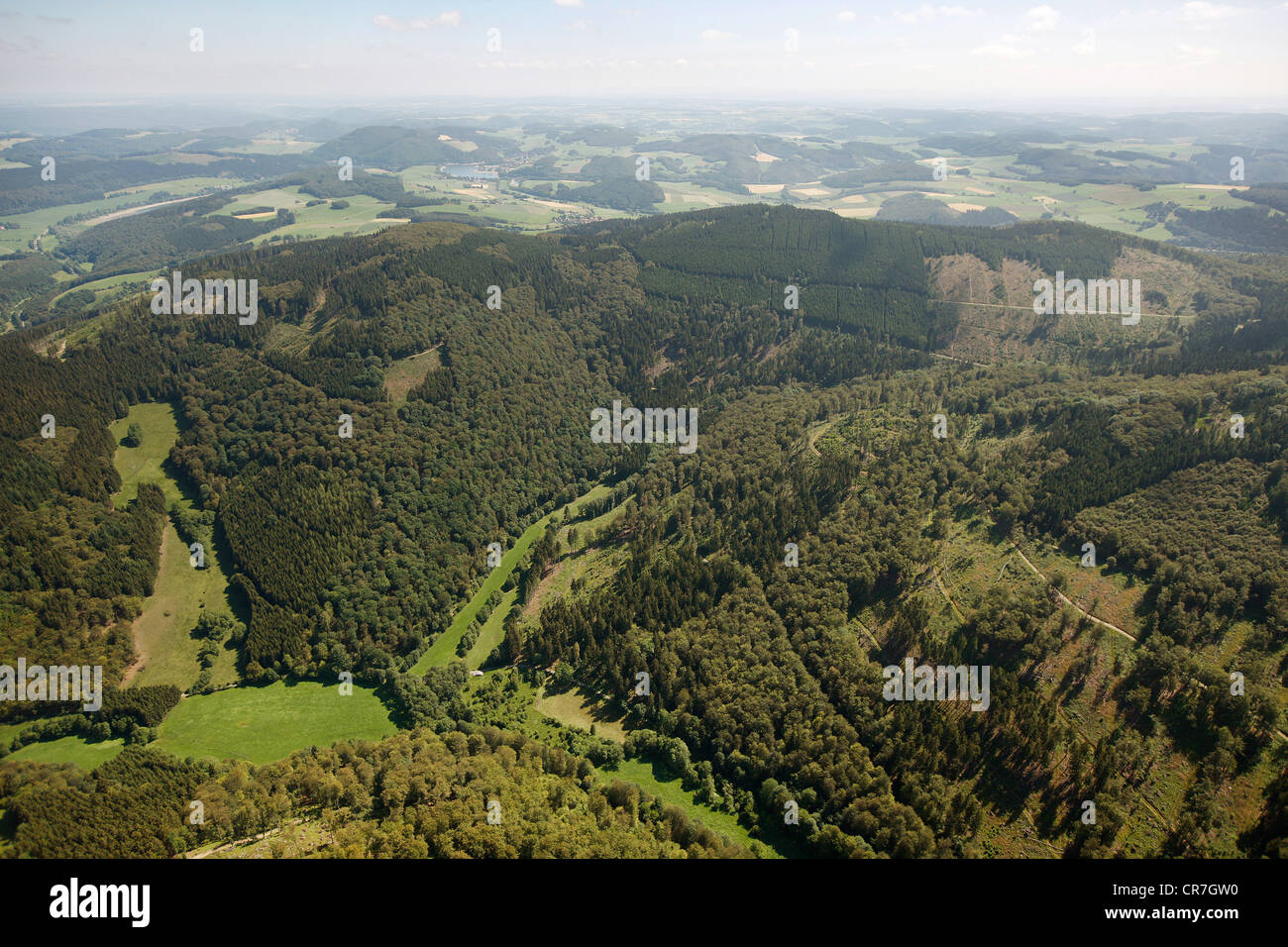 Vista aerea, Diemelsee Nature Park, il parco nazionale delle foreste di faggio, Sito Patrimonio Mondiale dell'UNESCO, Willingen Upland, Sauerland Foto Stock