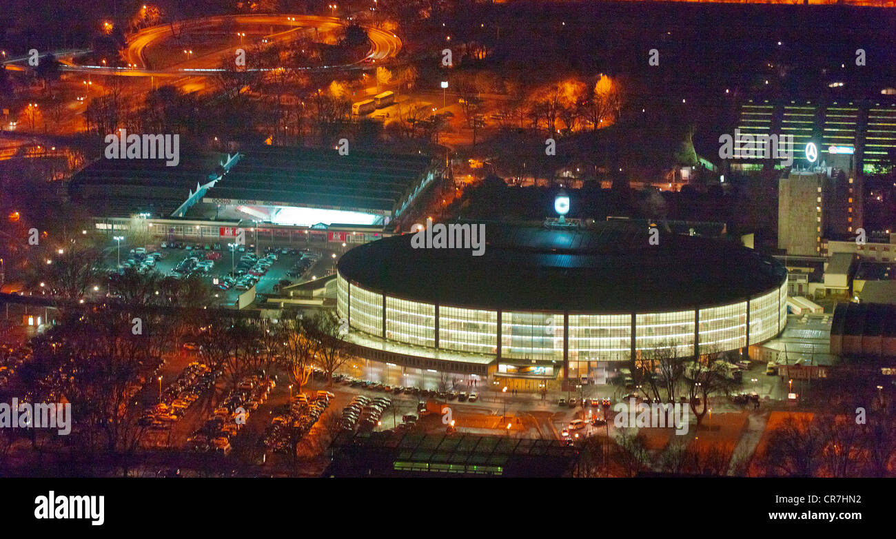 Vista aerea, Vista notte, Westfalenhalle, luogo dell'evento, Dortmund, la zona della Ruhr, Renania settentrionale-Vestfalia, Germania, Europa Foto Stock