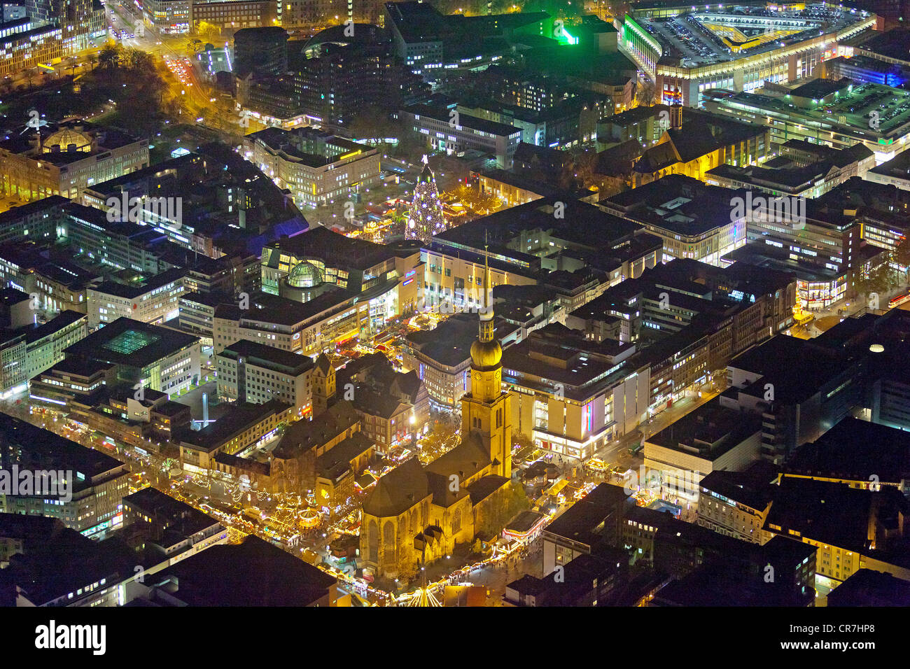 Vista aerea, Vista notte, Rheinoldikirche chiesa con il Mercatino di Natale, centro città di Dortmund, la zona della Ruhr Foto Stock
