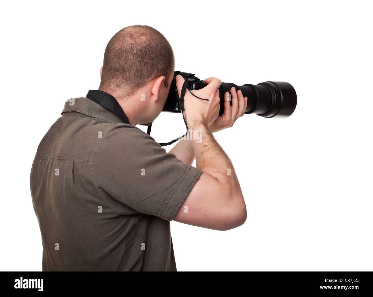 Uomo con telecamera e obiettivo enorme Foto Stock