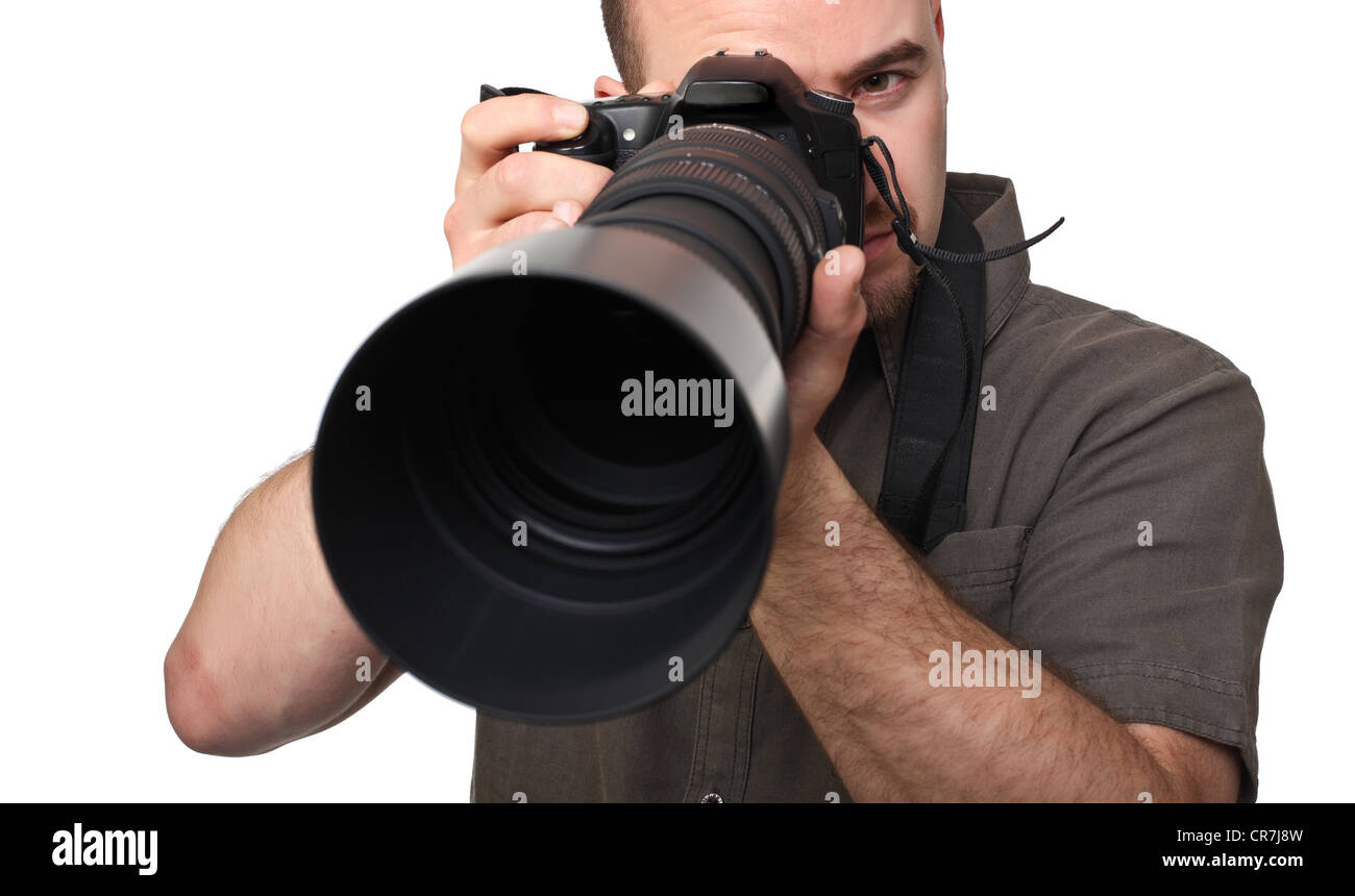 Ritratto di uomo con fotocamera isolato su bianco Foto Stock