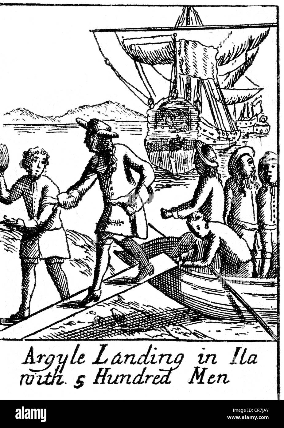Campbell, Archibald, primo marchese di Argyll, 1607 - 27.5.1661, uomo politico scozzese, lo sbarco in Ila con 500 uomini, contemporanea incisione su rame, artista del diritto d'autore non deve essere cancellata Foto Stock