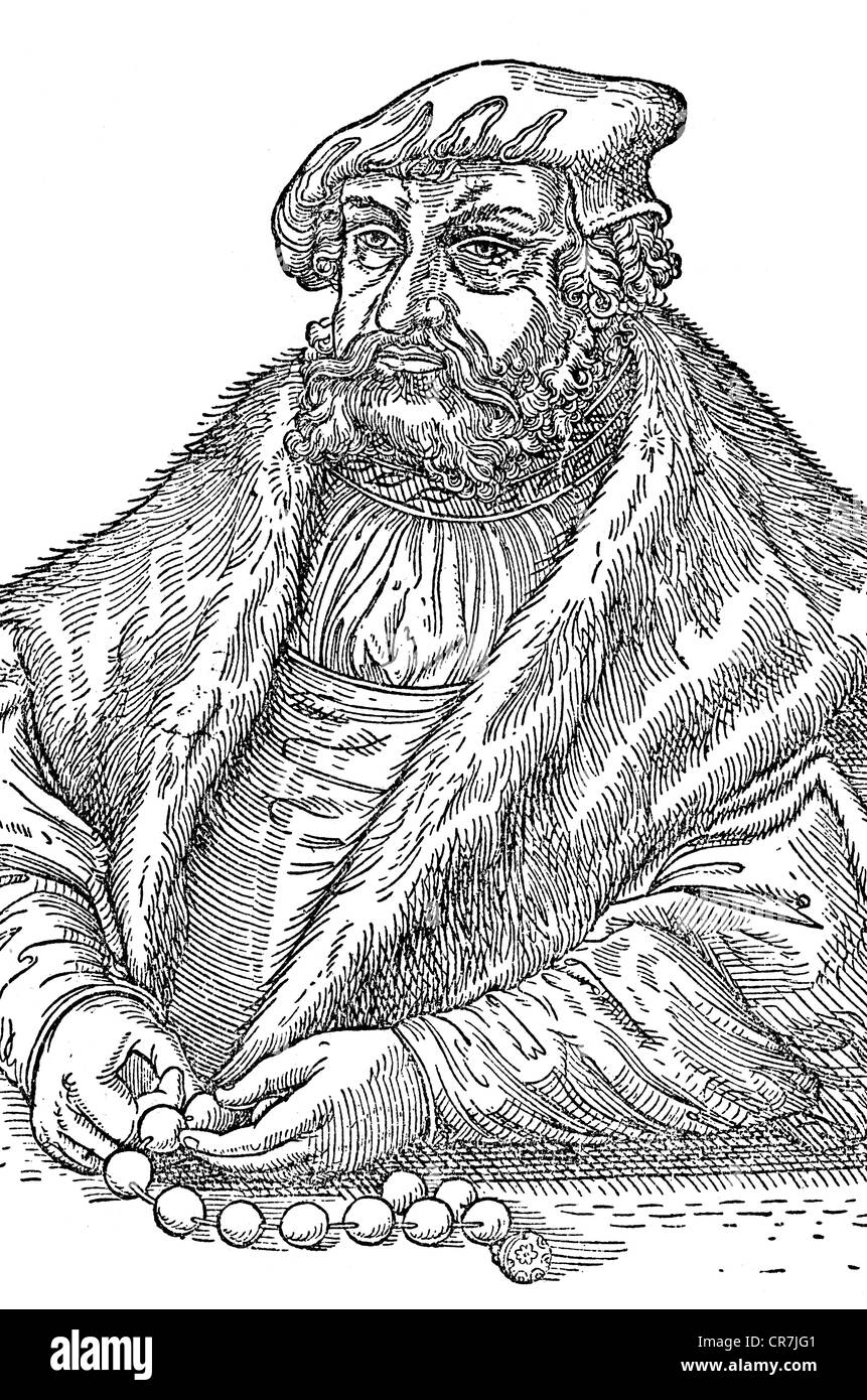 John 'The Constant', 30.6.1468 - 16.8.1532, Elettore di Sassonia 25.5.1525 - 16.8.1532, a mezza lunghezza, incisione in legno, dopo Lukas Cranach, 16th secolo, Foto Stock