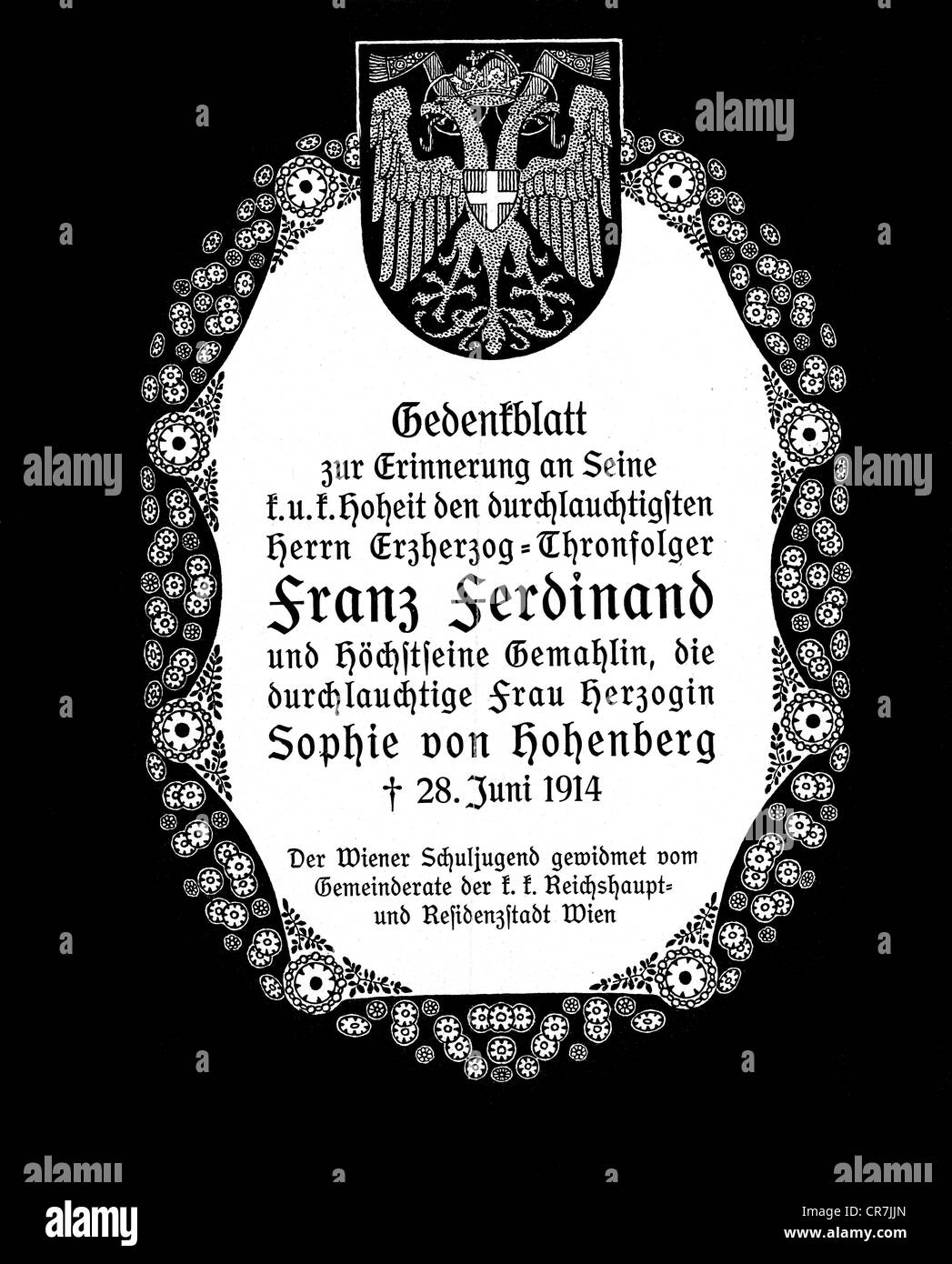 Franz Ferdinand, 18.12.1863 - 28.6.1914, Arciduca ed erede presuntivo Austria-Ungheria 30.1.1889 - 28.6.1914, carta commemorativa, Città di Vienna, 1914, Foto Stock