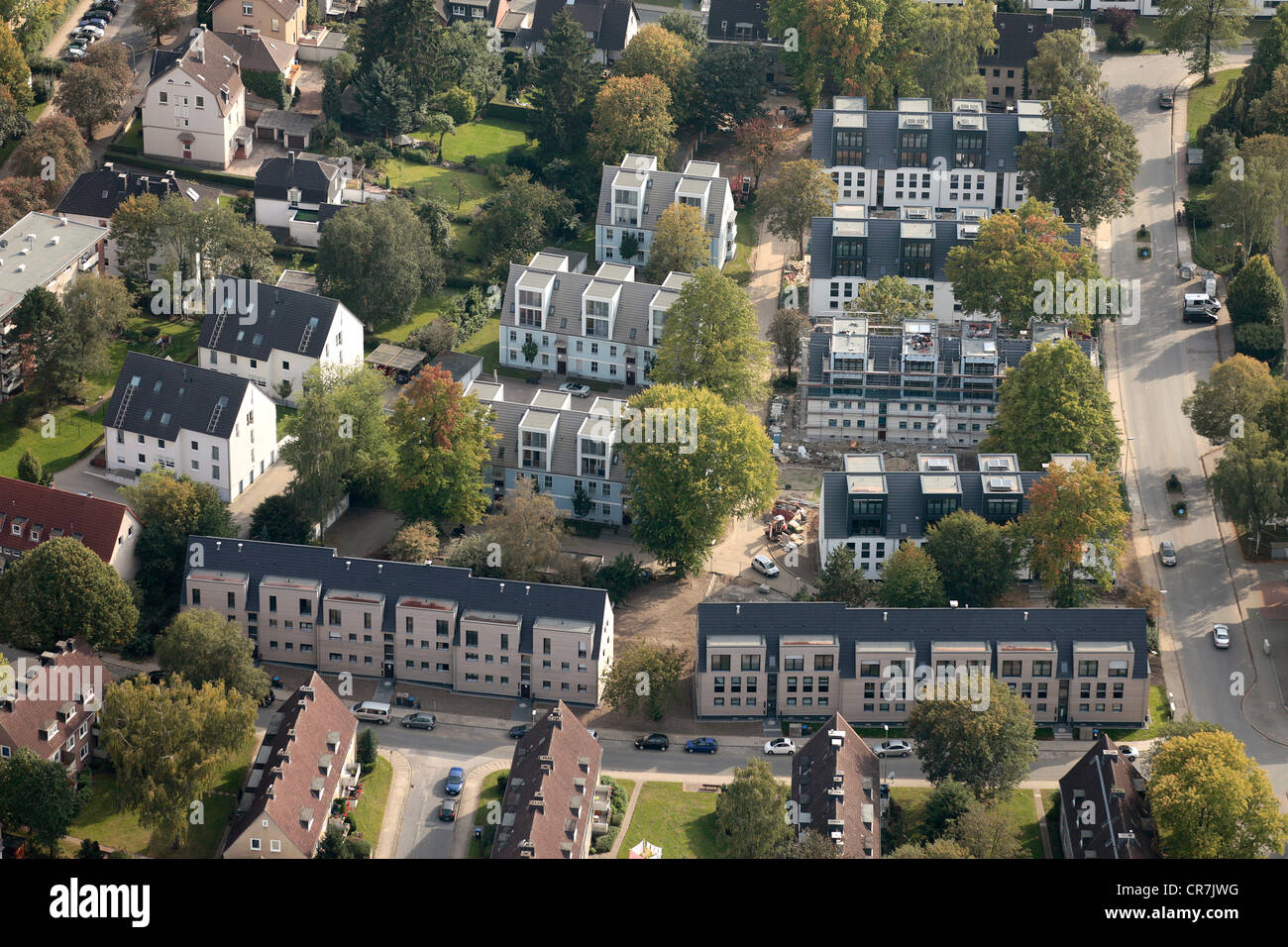 Vista aerea, edifici nuovi ed edifici rinnovati di Hattinger Wohnungsbau-Gesellschaft, società di alloggiamento, Hattingen, la zona della Ruhr Foto Stock