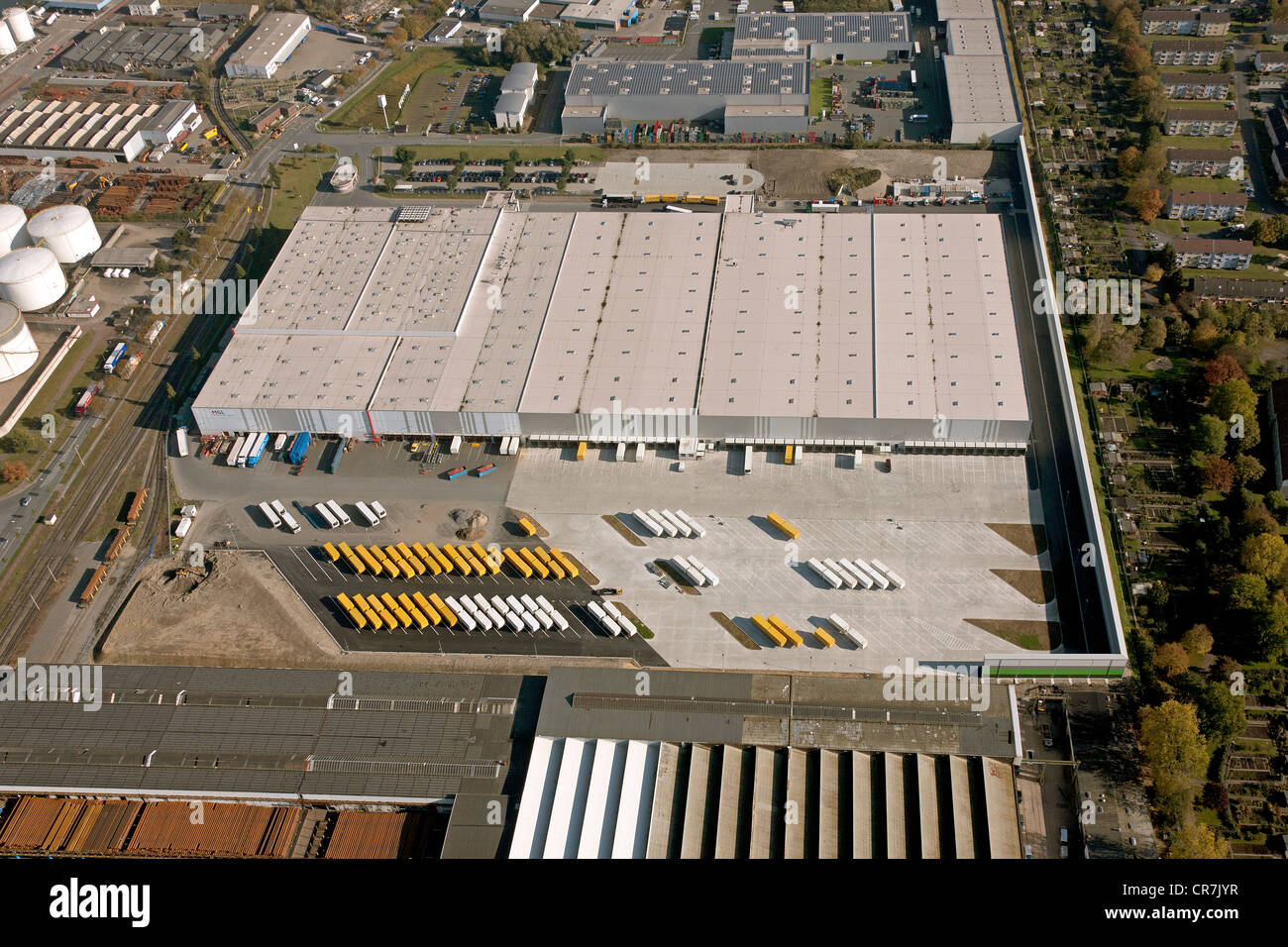Vista aerea, Metro Logistic con rimorchi dei camion nel porto, Herringen, Hamm, la zona della Ruhr, Renania settentrionale-Vestfalia, Germania, Europa Foto Stock