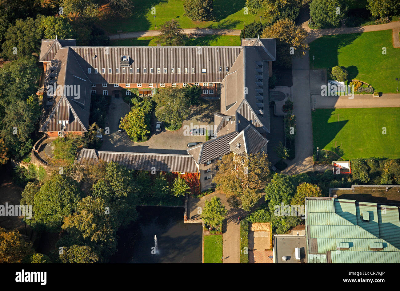 Vista aerea, Municipio e comunità hall di Dinslaken, la zona della Ruhr, Renania settentrionale-Vestfalia, Germania, Europa Foto Stock
