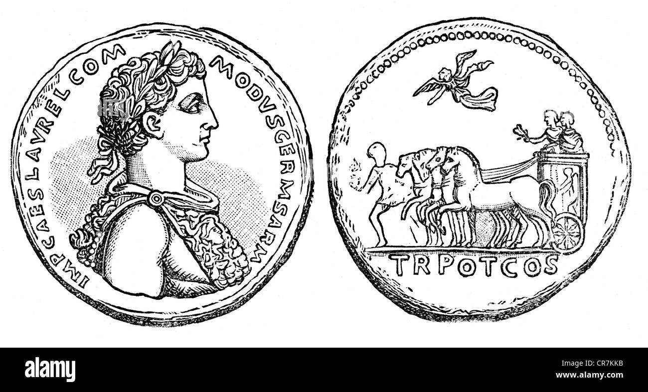 Commodus, Lucius Aelius Aurelius, 31.8.161 - 31.12.192, imperatore romano 17.3.180 - 31.12.192, ritratto, exergue, circa 182, fronte e retro, incisione in legno, 19th secolo, Foto Stock