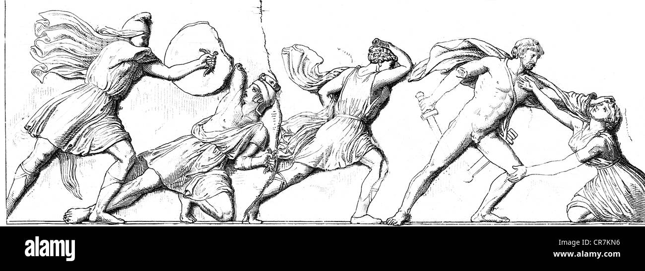 Amazzoni, figure greche leggendarie, lotta tra Greci e Amazzoni, rilievo, fregio della tomba dei Maussolos, HAlicarnasso, circa 360 a.C., incisione in legno, 19th secolo, Foto Stock