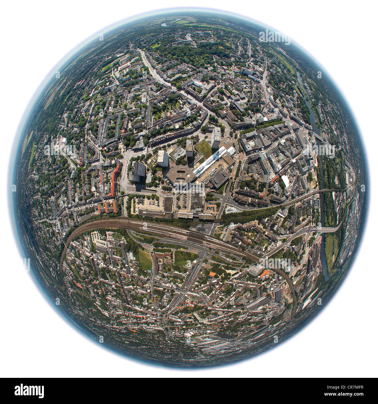 Vista aerea, riprese con una lente fisheye, ricostruzione nel centro della città, progetto Ruhrbania, Muelheim an der Ruhr, zona della Ruhr Foto Stock