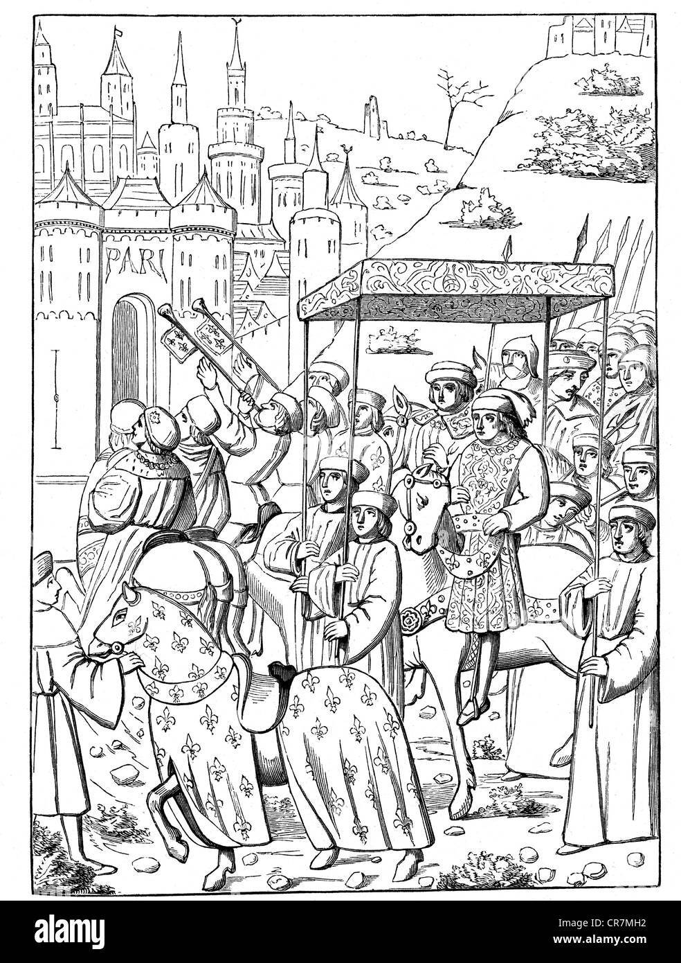 Louis XI 'il prudente', 3.7.1423 - 30.8.1483, re di Francia 22.7.1461 - 30.8.1483, ingresso a Parigi, in miniatura, 'Chroniques de Monstrelet', 15th secolo, incisione in legno, 19th secolo, Foto Stock