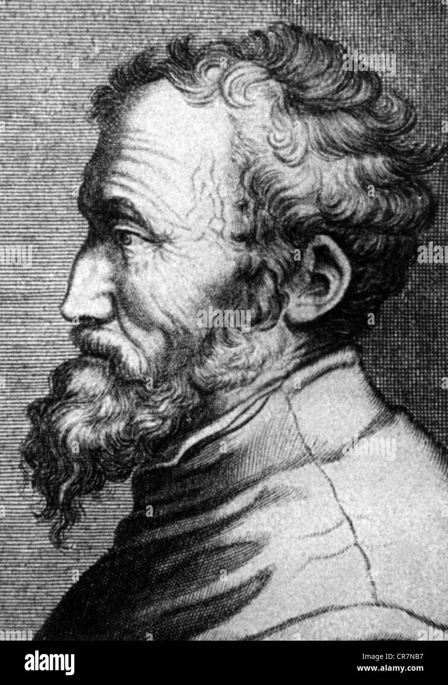 Michelangelo Buonarotti, 6.3.1475 - 18.2.1564, scultore italiano, pittore, architetto e scrittore / poeta, ritratto, incisione in legno, dopo una vecchia incisione, 19th secolo, Foto Stock