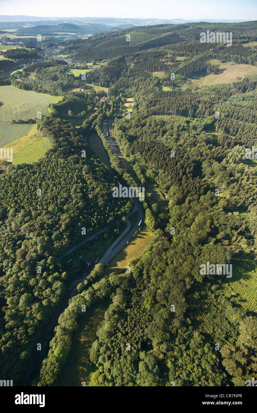 Vista aerea, regione Hoennetal, fiume Hoenne, Balve, regione di Sauerland, Renania settentrionale-Vestfalia, Germania, Europa Foto Stock
