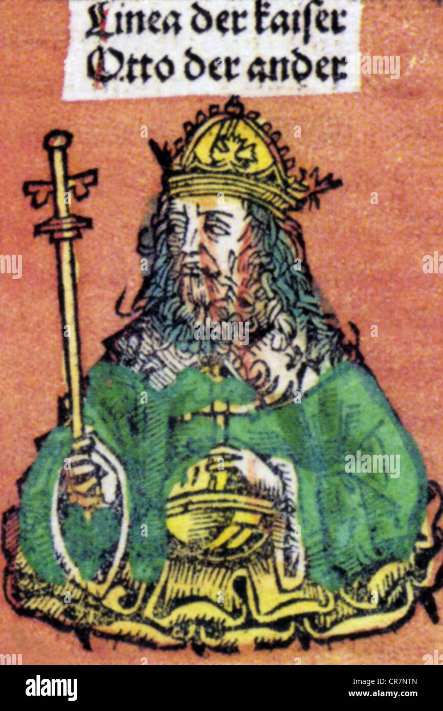 Ottone II 'Rosso', 955 - 7.12.983, Sacro Romano Imperatore 25.12.967 - 7.12.983, a mezza lunghezza e xilografia di Michael Wolgemut o Wilhelm Pleydenwurff, cronaca di Hartmann Schedel, Norimberga, 1493, artista del diritto d'autore non deve essere cancellata Foto Stock