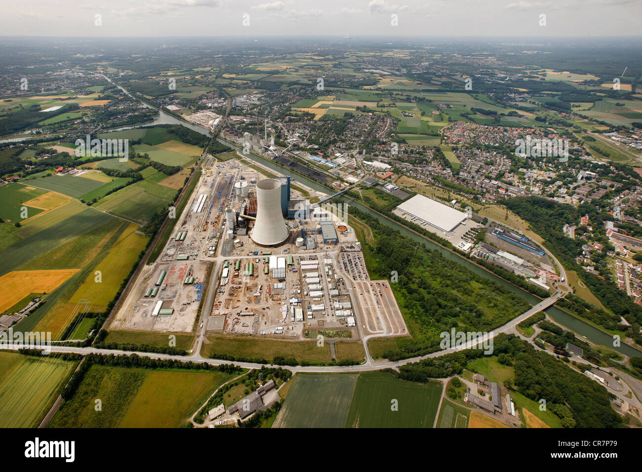 Vista aerea, EON Datteln 4 Power Station, Dortmund-Ems Canal, Datteln, la zona della Ruhr, Renania settentrionale-Vestfalia, Germania, Europa Foto Stock