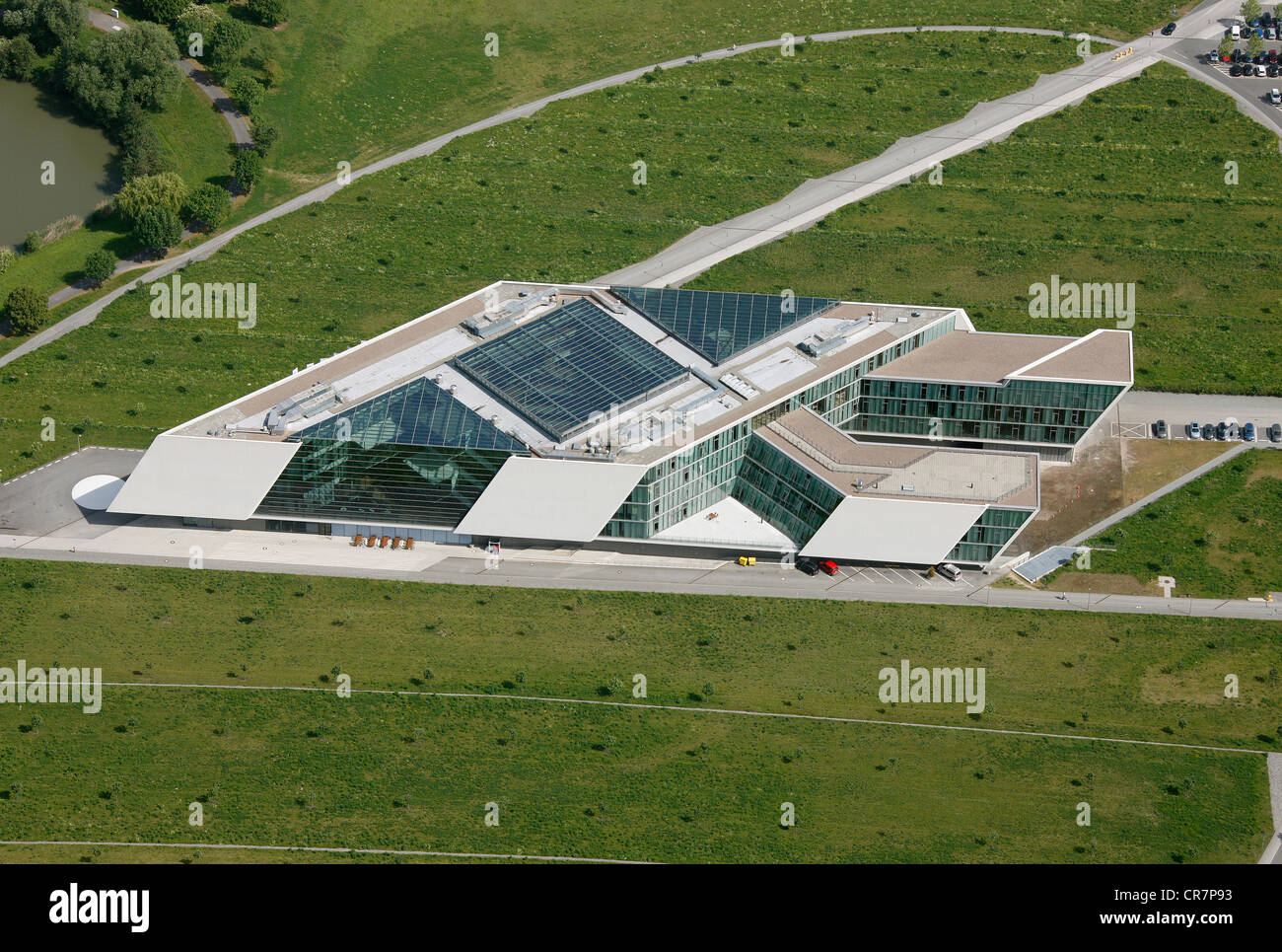 Vista aerea, VW AutoUni istituto di istruzione, MobileLifeCampus, Volkswagen Plant, Autostadt, Wolfsburg, Bassa Sassonia Foto Stock
