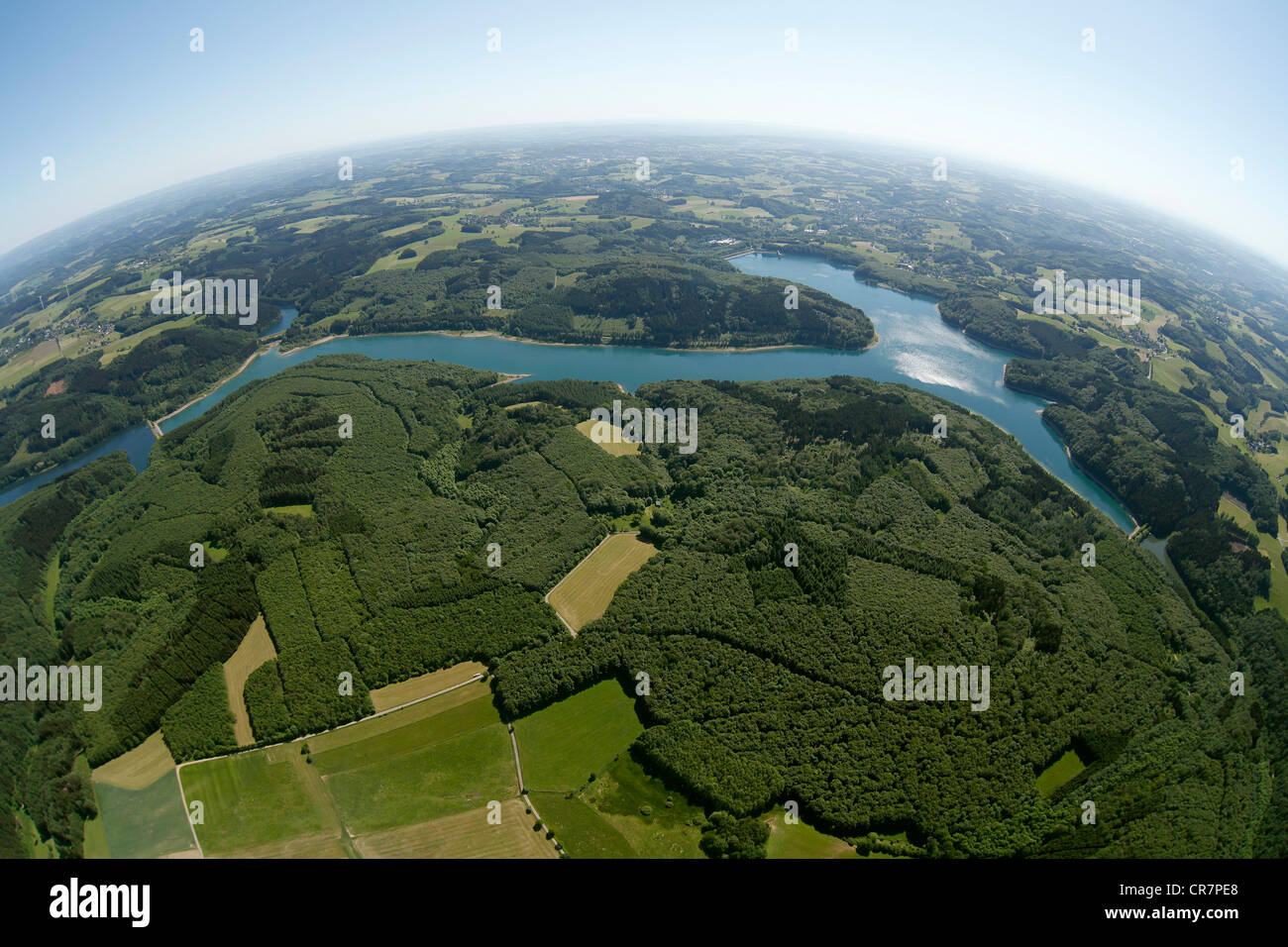 Vista aerea, fisheye, Wiehltal Dam, Reichshof vicino a Gummersbach, Oberbergischer Kreis distretto, Sauerland, Renania settentrionale-Vestfalia Foto Stock