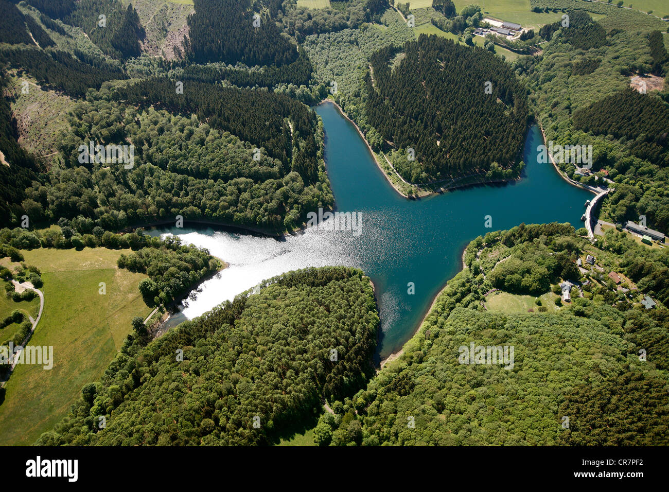 Vista aerea, Fuerwiggetal Dam, Maerkischer Kreis distretto, Sauerland, Renania settentrionale-Vestfalia, Germania, Europa Foto Stock