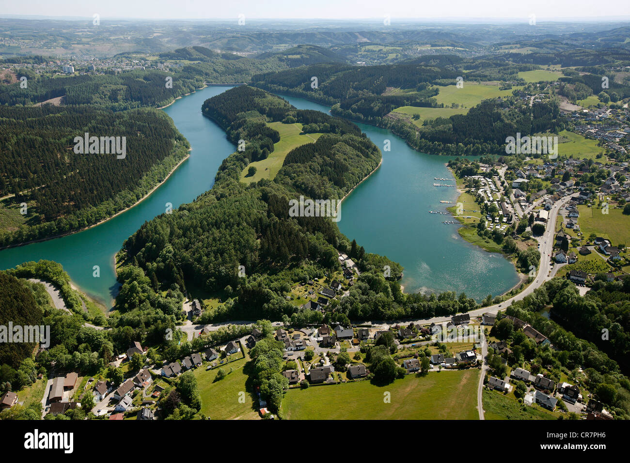 Vista aerea, Aggertal Dam, livello dell'acqua basso, Oberbergisches Land, Renania settentrionale-Vestfalia, Germania, Europa Foto Stock