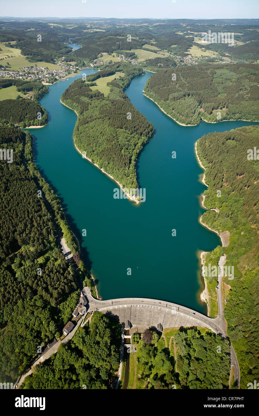 Vista aerea, Aggertal Dam, Oberbergisches Land, Renania settentrionale-Vestfalia, Germania, Europa Foto Stock