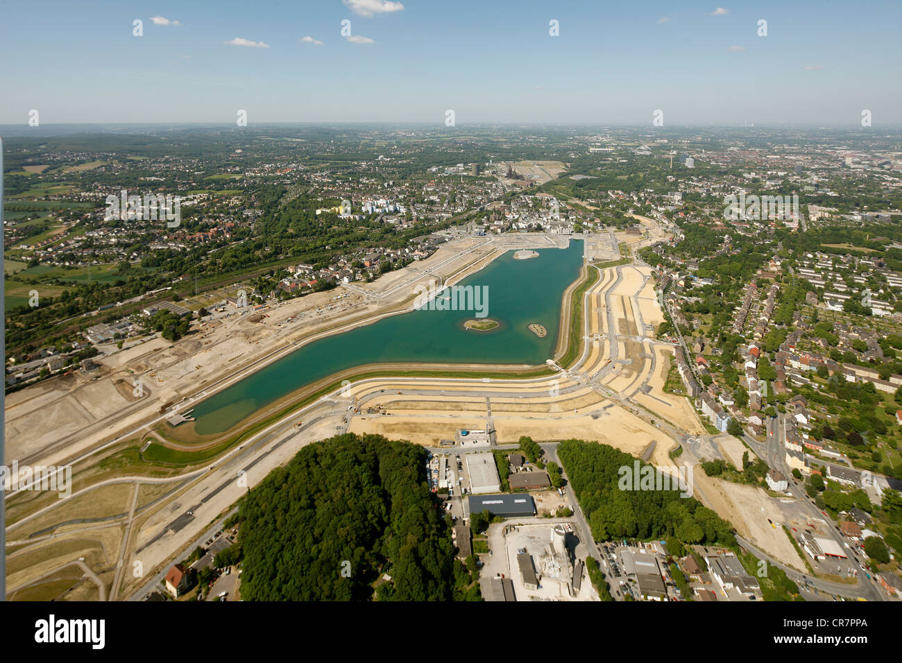 Vista aerea, Lago di Phoenix, un lago artificiale, quartiere Hoerde, Dortmund, la zona della Ruhr, Renania settentrionale-Vestfalia, Germania, Europa Foto Stock