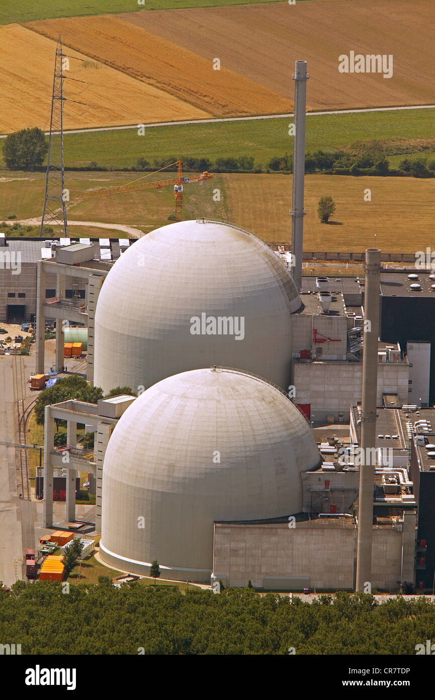 Vista aerea, Biblis Centrale Nucleare blocco A e B, il fiume Reno, Biblis, Hesse, Germania, Europa Foto Stock